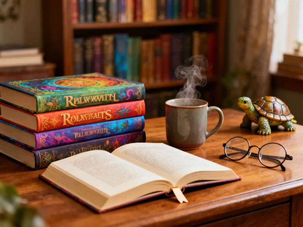 Stos kolorowych książek fantasy na biurku, otwarta księga z zakładką, kubek z parą i figurka żółwia ze Świata Dysku