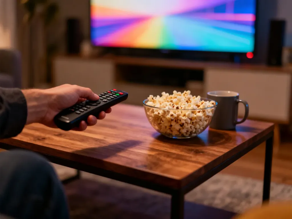 Pilot do TV na stoliku z popcornem i kubkiem, w tle rozmyty ekran – wieczorny seans serialu „Kolory zła”.