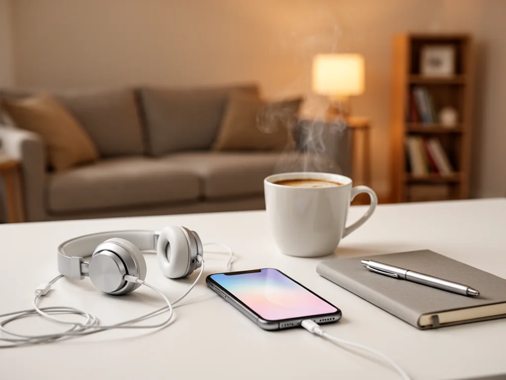 Smartfon ze słuchawkami na biurku obok kawy i notesu, w tle przytulny salon – atmosfera relaksu przy słuchaniu audiobooków.