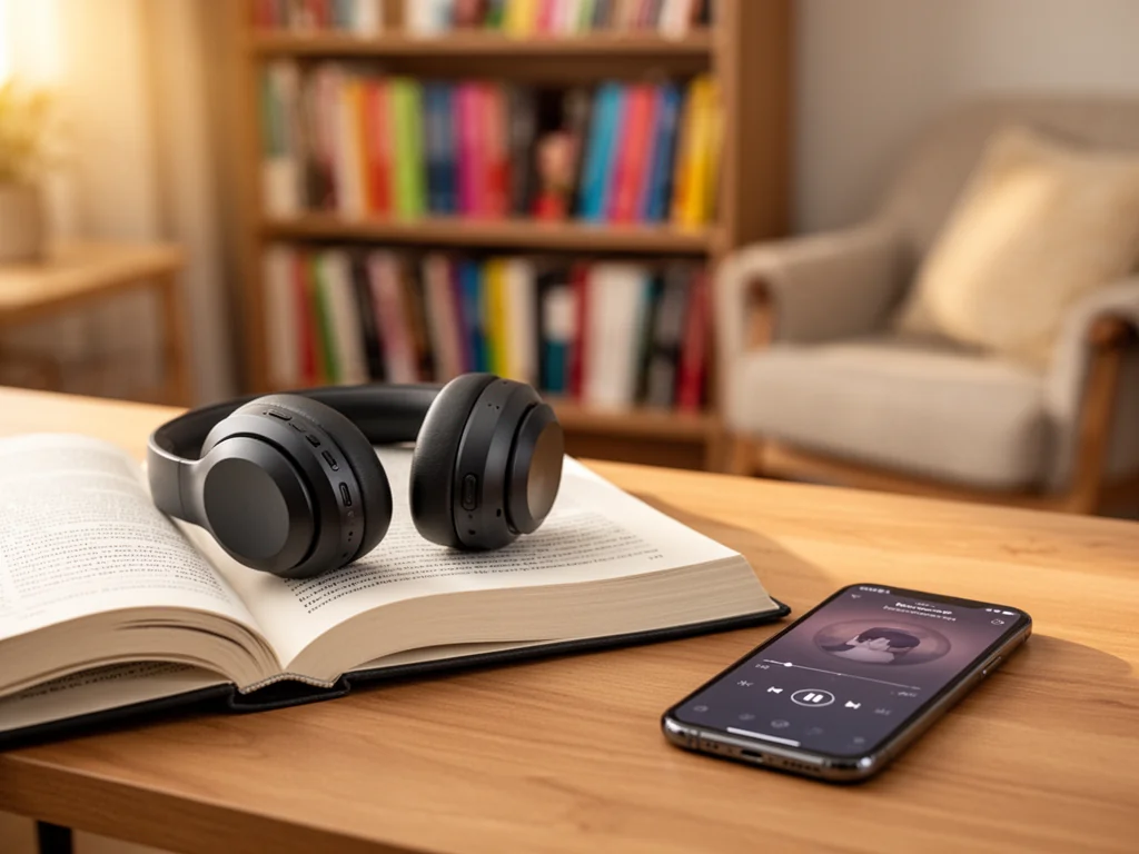 Słuchawki bezprzewodowe na otwartej książce i smartfonie z odtwarzaczem, symbol słuchania audiobooków Macieja Kowalika