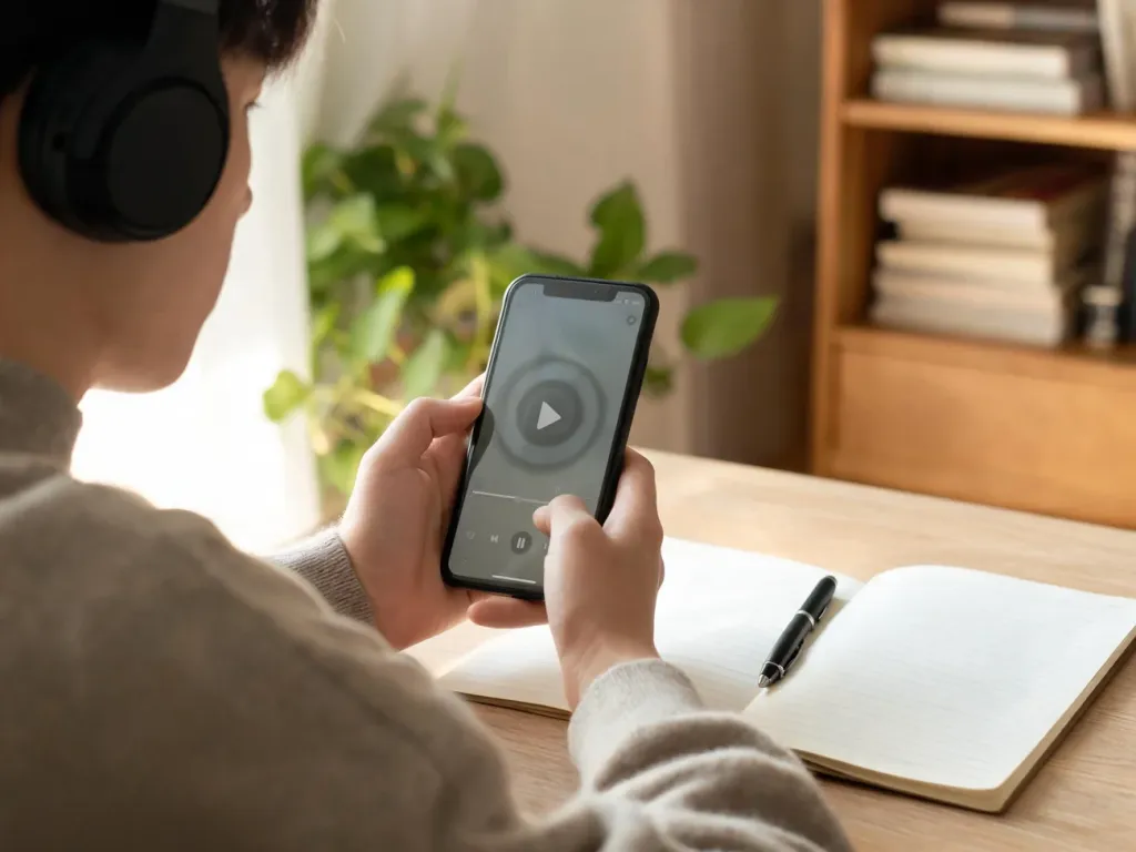Osoba w słuchawkach słucha podcastu na smartfonie, mając przed sobą otwarty zeszyt do nauki języka obcego.
