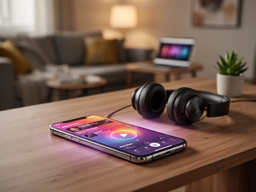 Smartfon z uruchomioną aplikacją Spotify na biurku, w tle słuchawki i laptop w przytulnym, ciepło oświetlonym pokoju