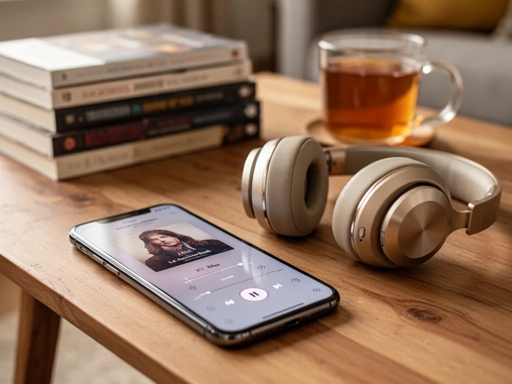 Smartfon z odtwarzaczem audiobooka i słuchawki na stole, w tle stos audiobooków i kubek herbaty w przytulnym salonie