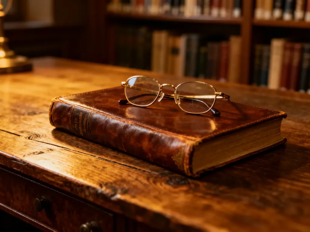 Stare skórzane książki i okulary na drewnianym biurku w klimatycznej bibliotece, nawiązujące do twórczości Z. Miłoszewskiego.