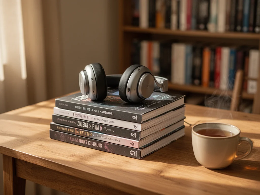 Słuchawki na stosie audiobooków na drewnianym biurku, w tle rozmyty regał z książkami i spokojne, ciepłe wnętrze.