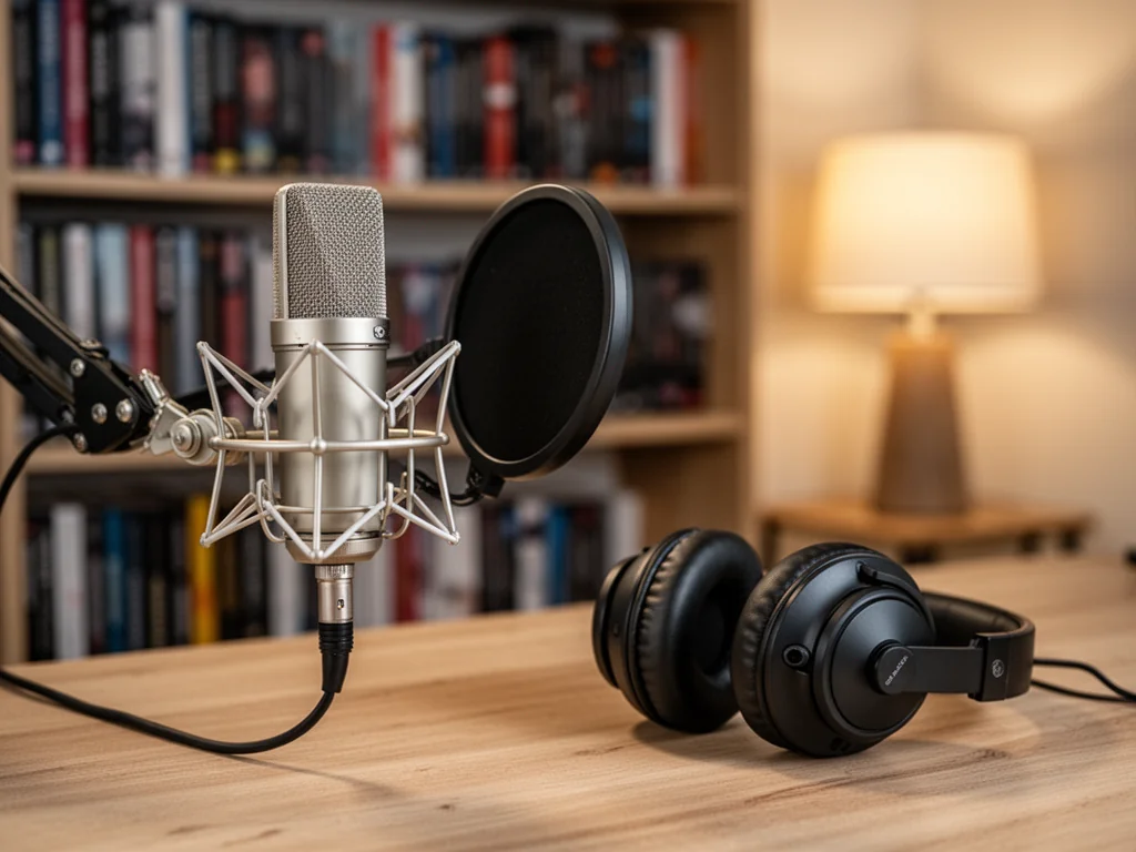 Mikrofon studyjny i słuchawki na biurku w ciepłym świetle, w tle półki z audiobookami tworzące atmosferę pracy lektora