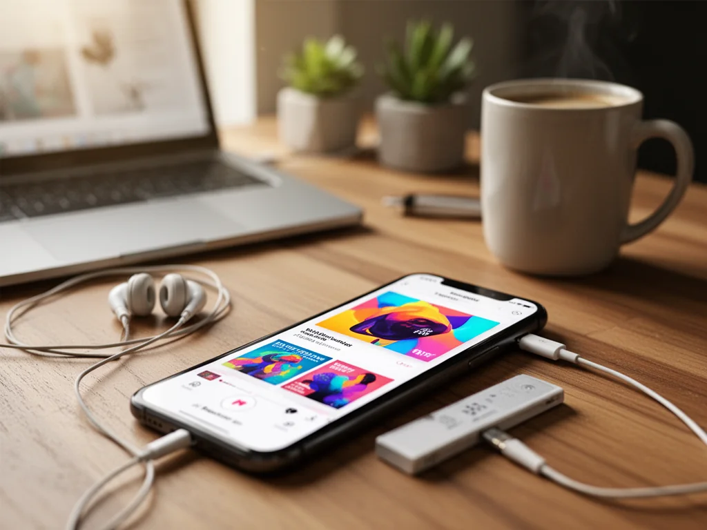 Smartfon z aplikacją podcastów na biurku obok słuchawek i kawy, w tle laptop i roślina tworzące przytulny klimat słuchania