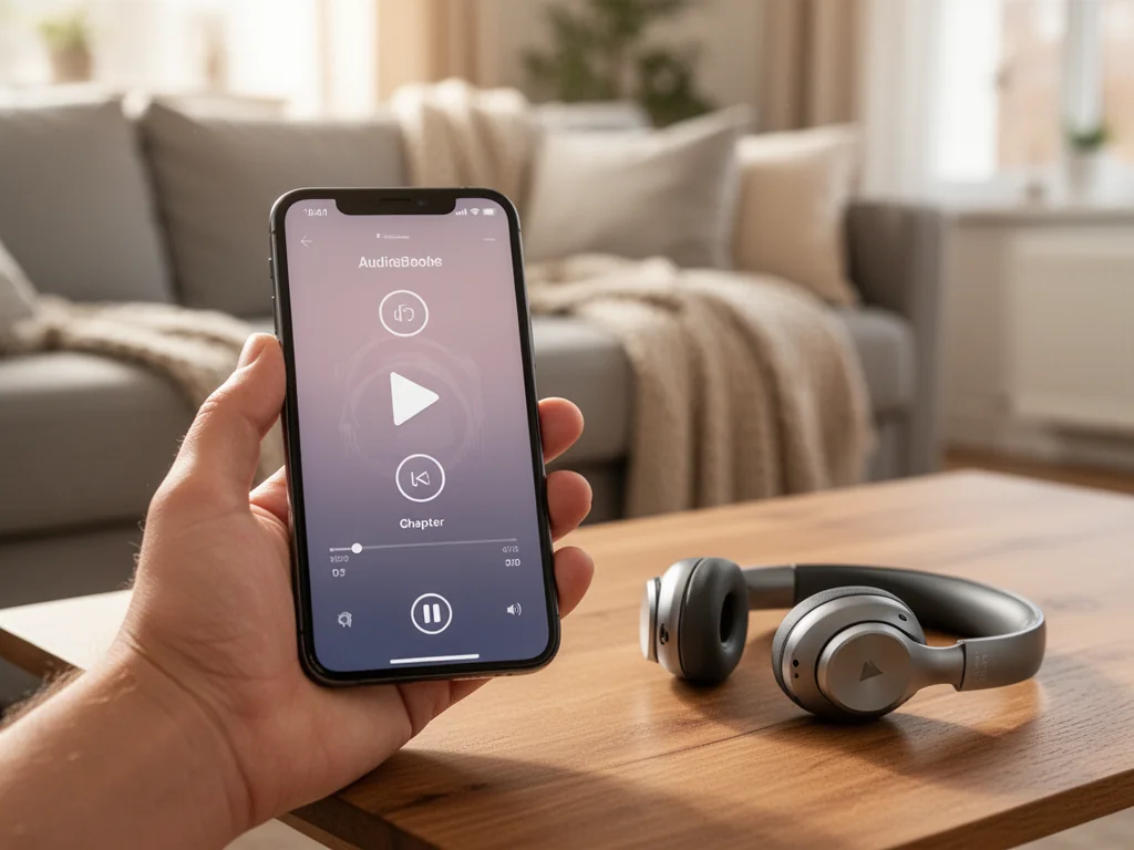 Smartfon z prostym odtwarzaczem audiobooków obok bezprzewodowych słuchawek w przytulnym, jasno oświetlonym salonie