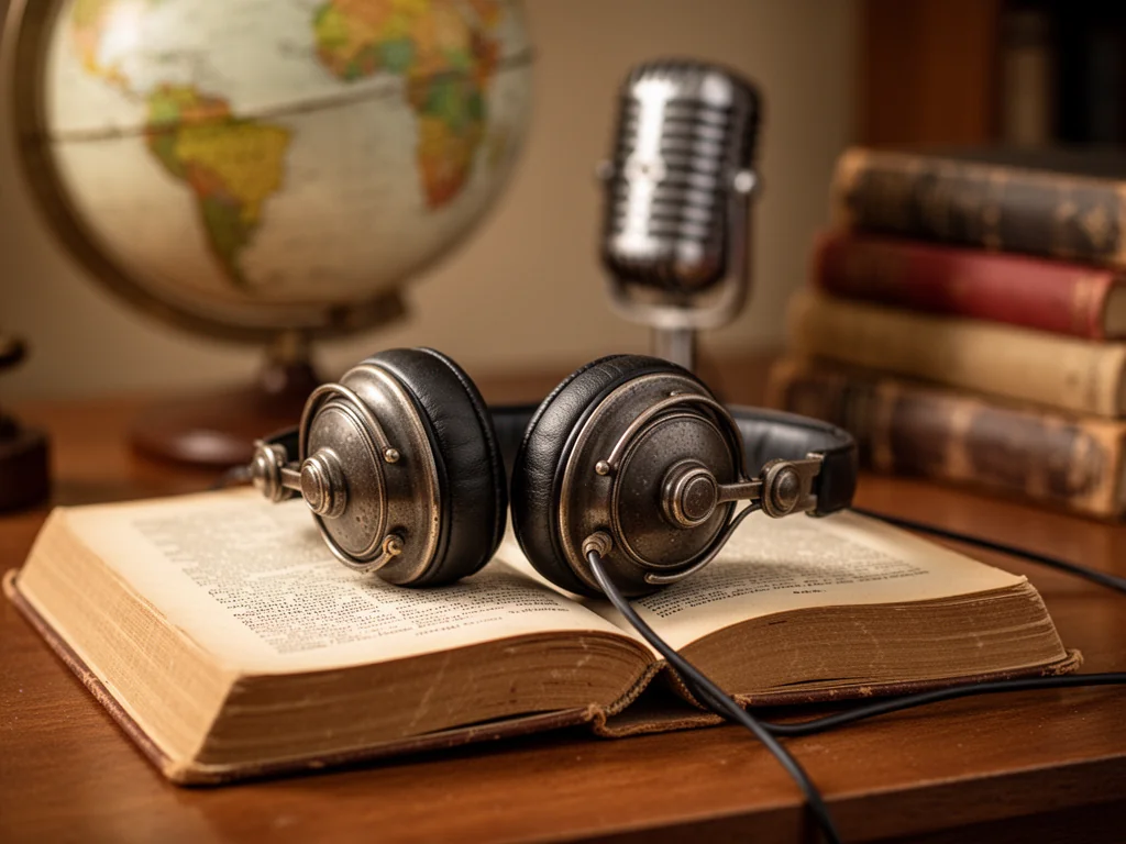 Stare słuchawki na historycznej książce na biurku, w tle globus i mikrofon – symbol słuchania podcastów historycznych.