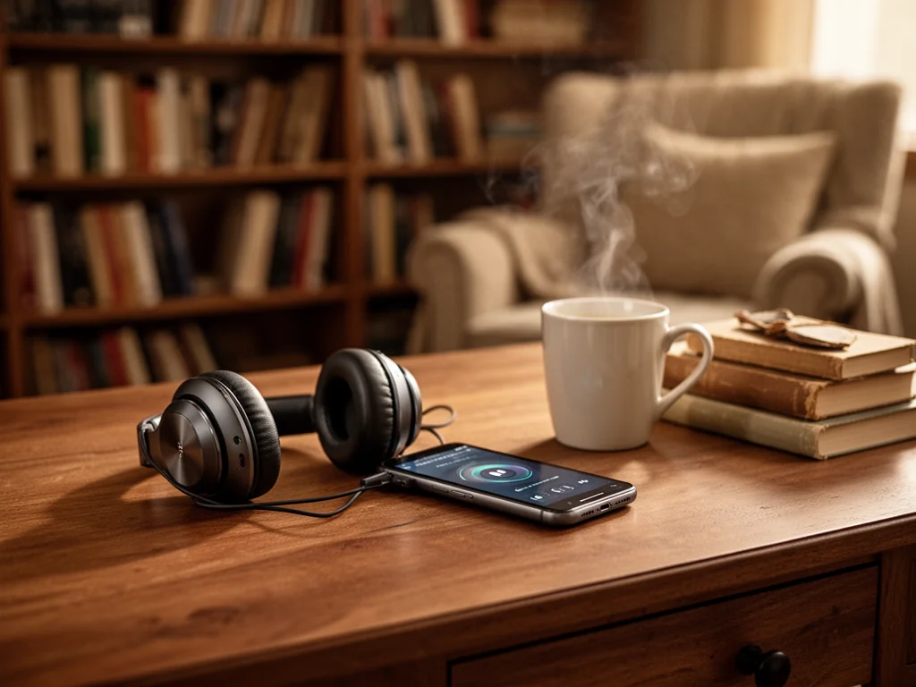 Słuchawki bezprzewodowe na smartfonie z audiobookiem, obok kubka i książek, w przytulnym kąciku do słuchania Mateusza Drozdy.