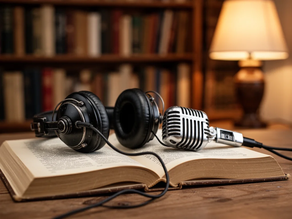 Czarne słuchawki i mikrofon spoczywają na otwartej książce, w tle regał z książkami i lampa podkreślające klimat audiobooków.