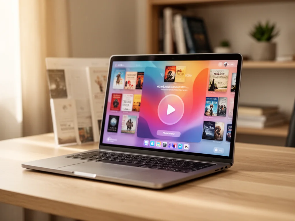 Laptop z otwartą aplikacją audiobooków Storytel na biurku w domowym biurze, gotowy do słuchania na komputerze.