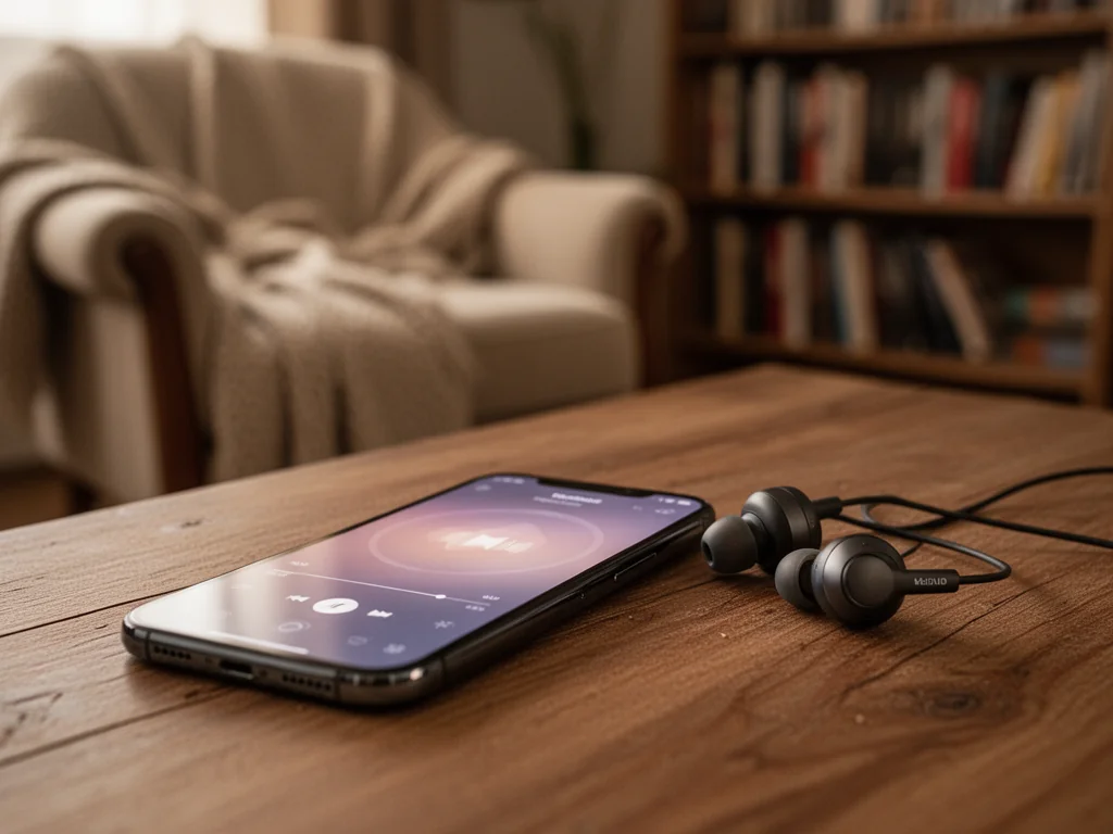 Smartfon z bezprzewodowymi słuchawkami na stole w przytulnym salonie, sugerujący relaks przy słuchaniu audiobooków