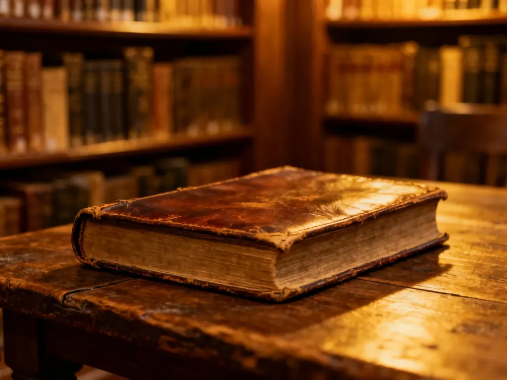 Stara, skórzana księga na drewnianym stole w przytulnej bibliotece, nawiązująca do klimatu sagi Kena Folletta.