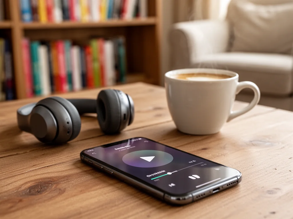 Smartfon z odtwarzaczem audiobooka, słuchawki bezprzewodowe i kawa na stole, w tle domowy kącik do czytania.