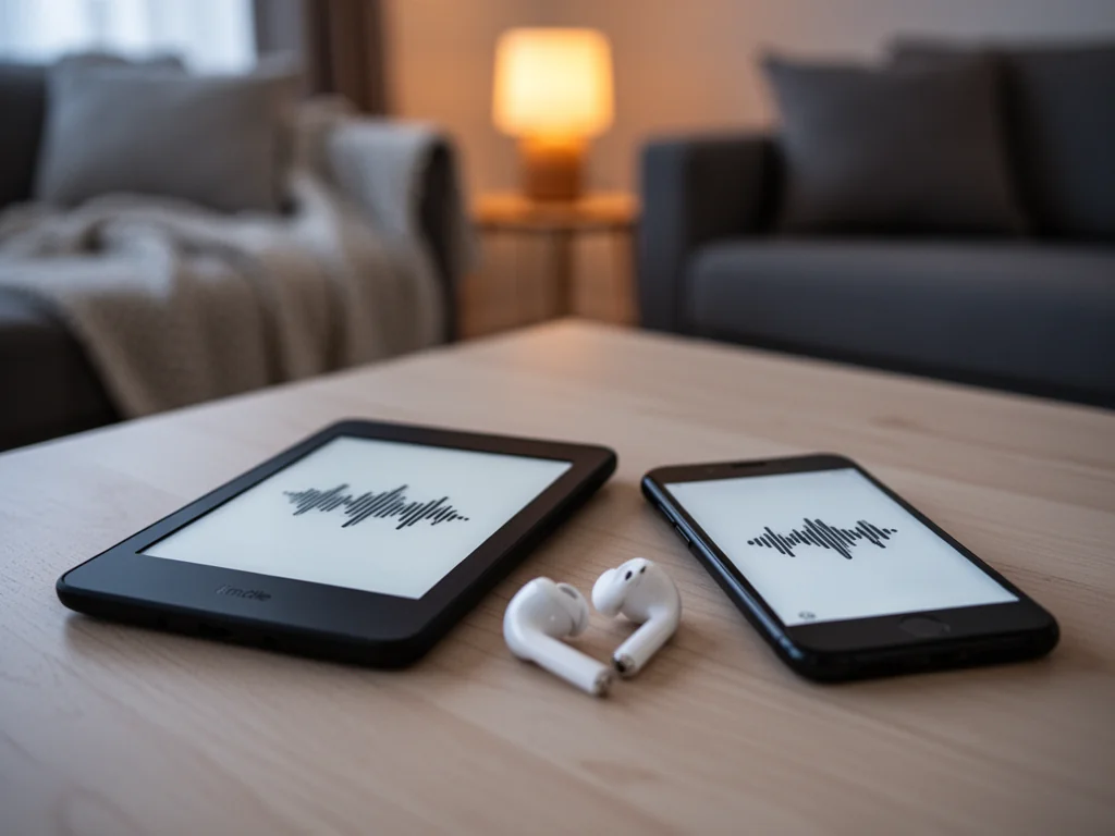 Czytnik Kindle, smartfon i słuchawki bezprzewodowe przygotowane do słuchania audiobooków Storytel w przytulnym, wieczornym wnętrzu.