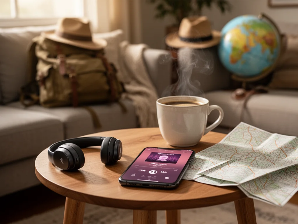Smartfon z podcastem, słuchawki, kawa i mapa na stoliku, w tle plecak i globus podkreślające klimat podróży