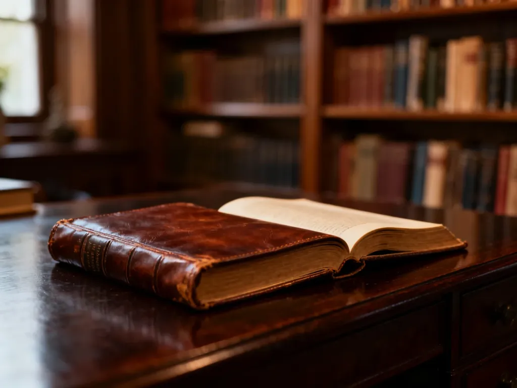 Otwarta zabytkowa książka na drewnianym biurku w przytulnej bibliotece domowej, budująca klimat literackiej pasji.