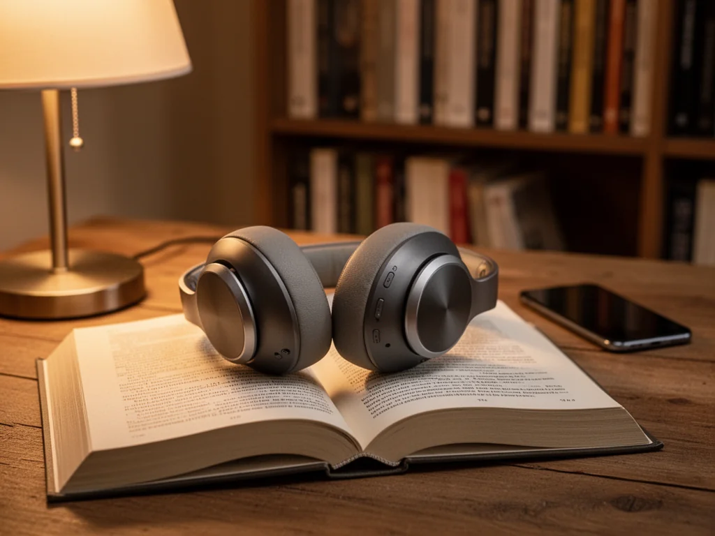 Słuchawki na otwartej książce przy lampce, przytulna domowa atmosfera sprzyjająca słuchaniu audiobooków Andrzeja Ferenca.