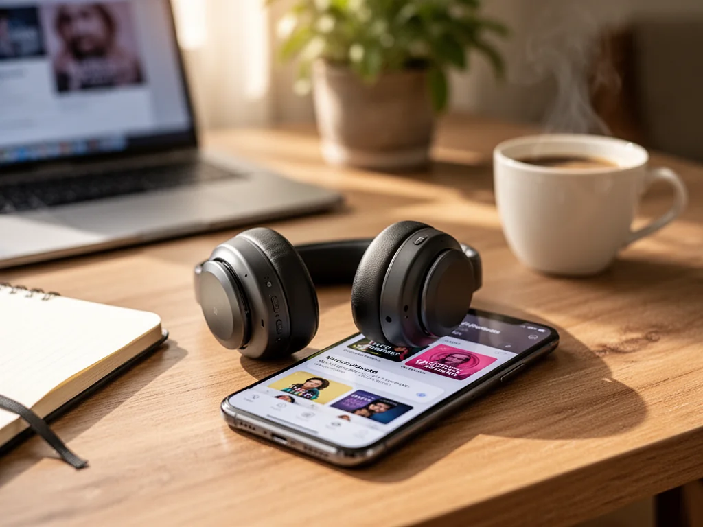 Słuchawki bezprzewodowe na smartfonie z aplikacją podcastów, obok notesu i kawy, tworzą przytulne miejsce do nauki marketingu