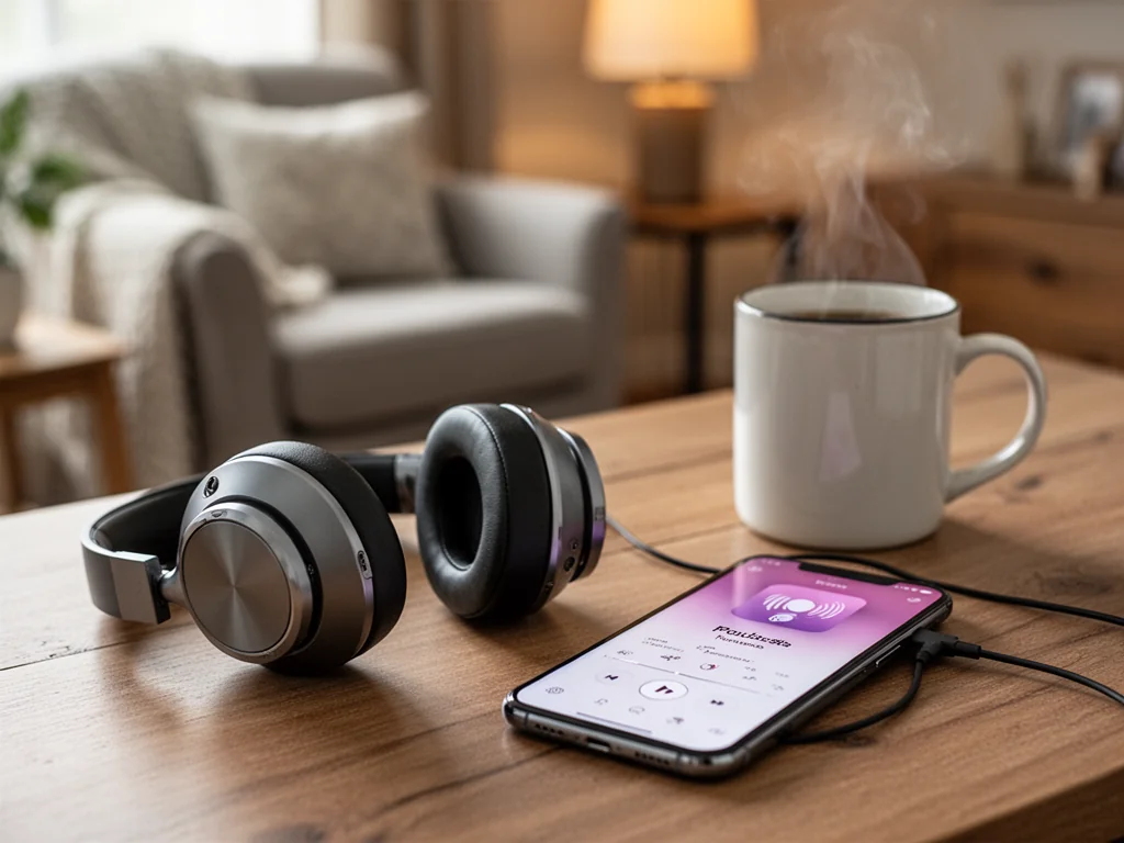 Słuchawki i smartfon z odtwarzaczem podcastów na biurku, w tle przytulne wnętrze zachęcające do słuchania audycji