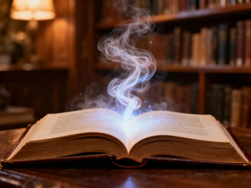 Otwarta książka, z której wydobywa się magiczna mgła, na tle przytulnej biblioteki w ciepłym, nastrojowym oświetleniu.