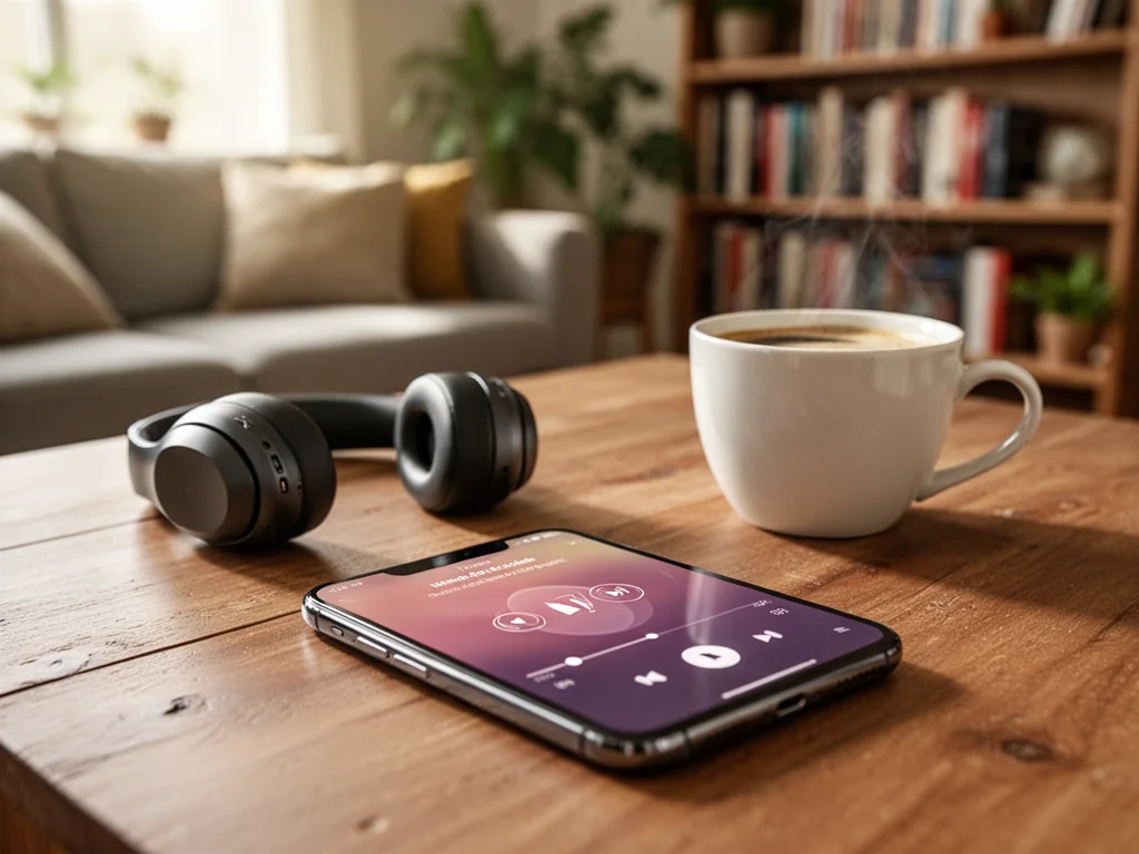 Smartfon z odtwarzaczem audiobooka obok bezprzewodowych słuchawek i kawy w przytulnym, domowym wnętrzu.