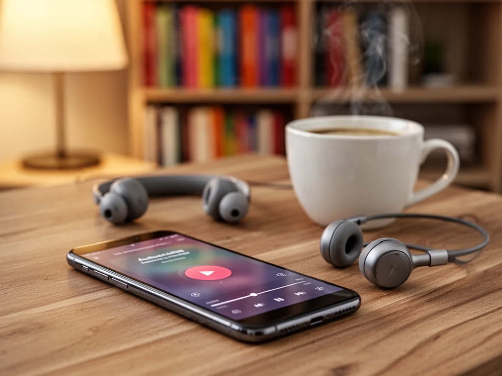Smartfon z odtwarzaczem audiobooka obok słuchawek i kawy na stole, w tle półka z książkami tworząca przytulny klimat słuchania