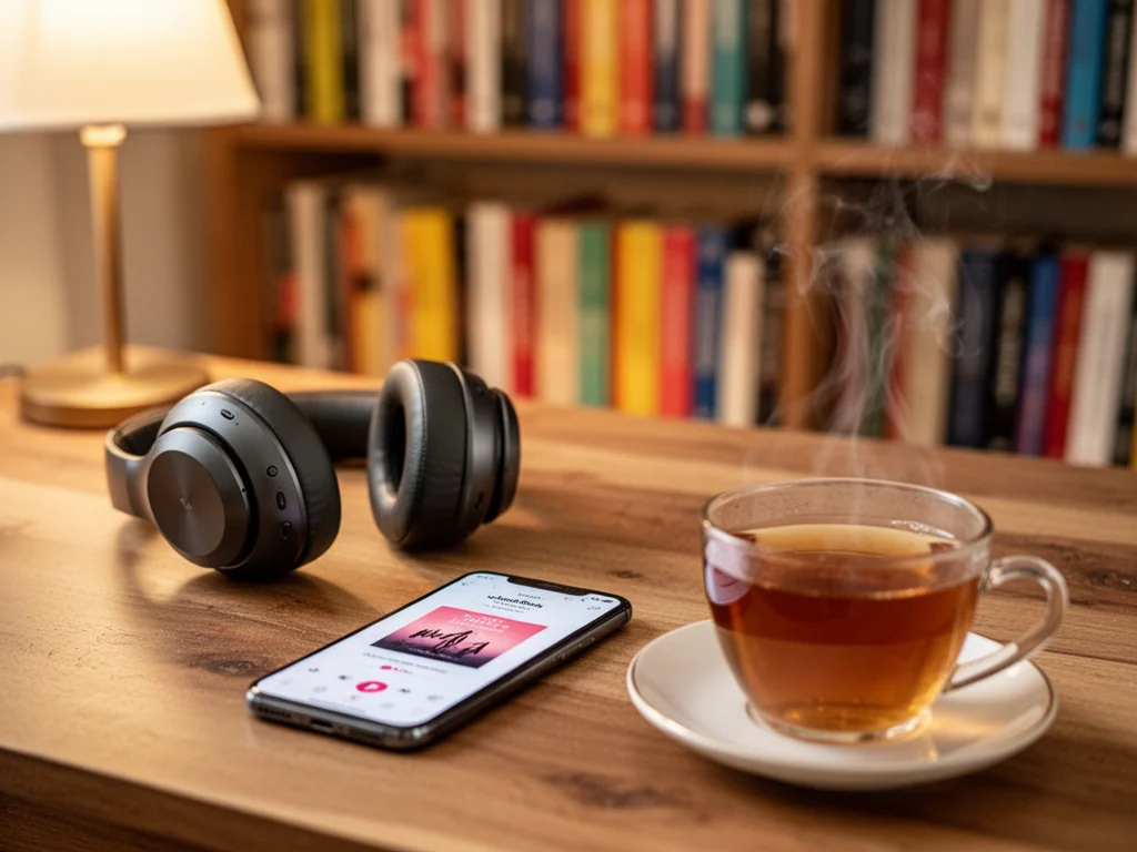 Słuchawki bezprzewodowe, smartfon z aplikacją audiobooka i filiżanka herbaty na biurku, w tle regał z książkami.