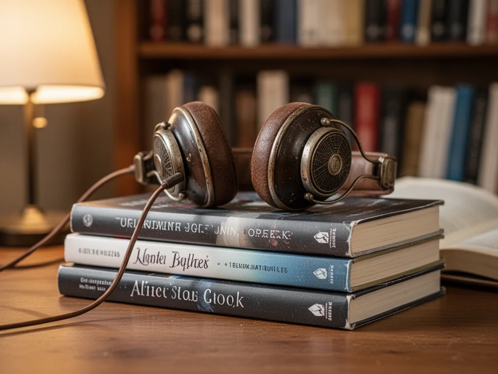 Stylowe słuchawki na stosie audiobooków na drewnianym biurku, w tle regał i lampka tworzące ciepły, przytulny nastrój.