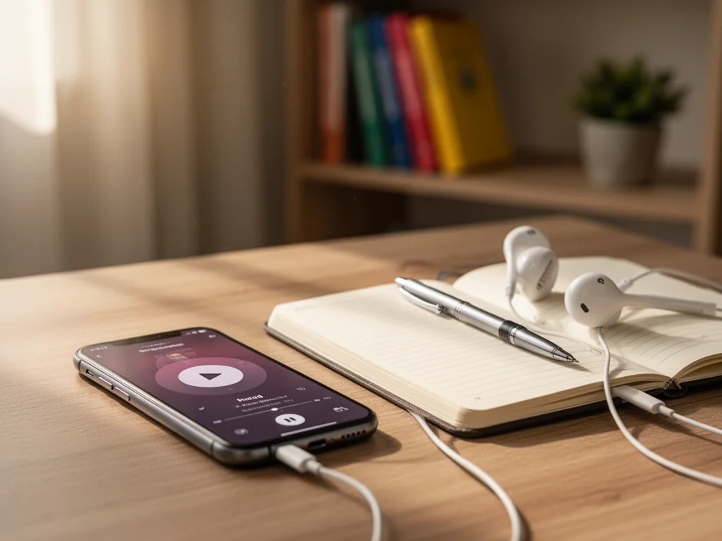 Smartfon z włączonym podcastem do nauki angielskiego na biurku, obok słuchawki, notes i książki w przytulnym domowym otoczeniu.