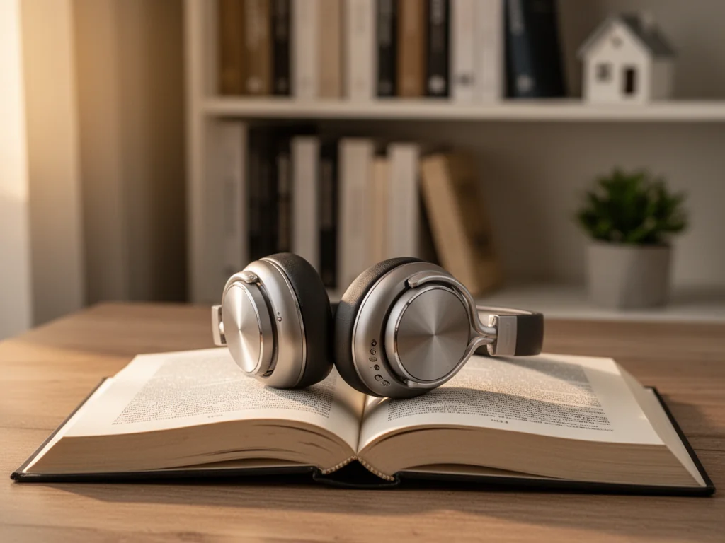 Słuchawki na otwartej książce na drewnianym stole, przytulne światło – symbol przyjemności słuchania audiobooków.