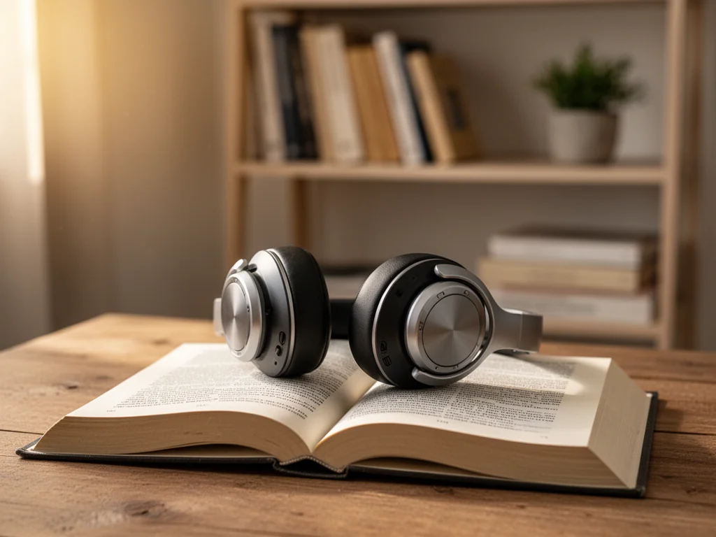 Słuchawki leżące na otwartej książce, symbol słuchania audiobooków Mariusza Bonaszewskiego w przytulnym domowym wnętrzu.