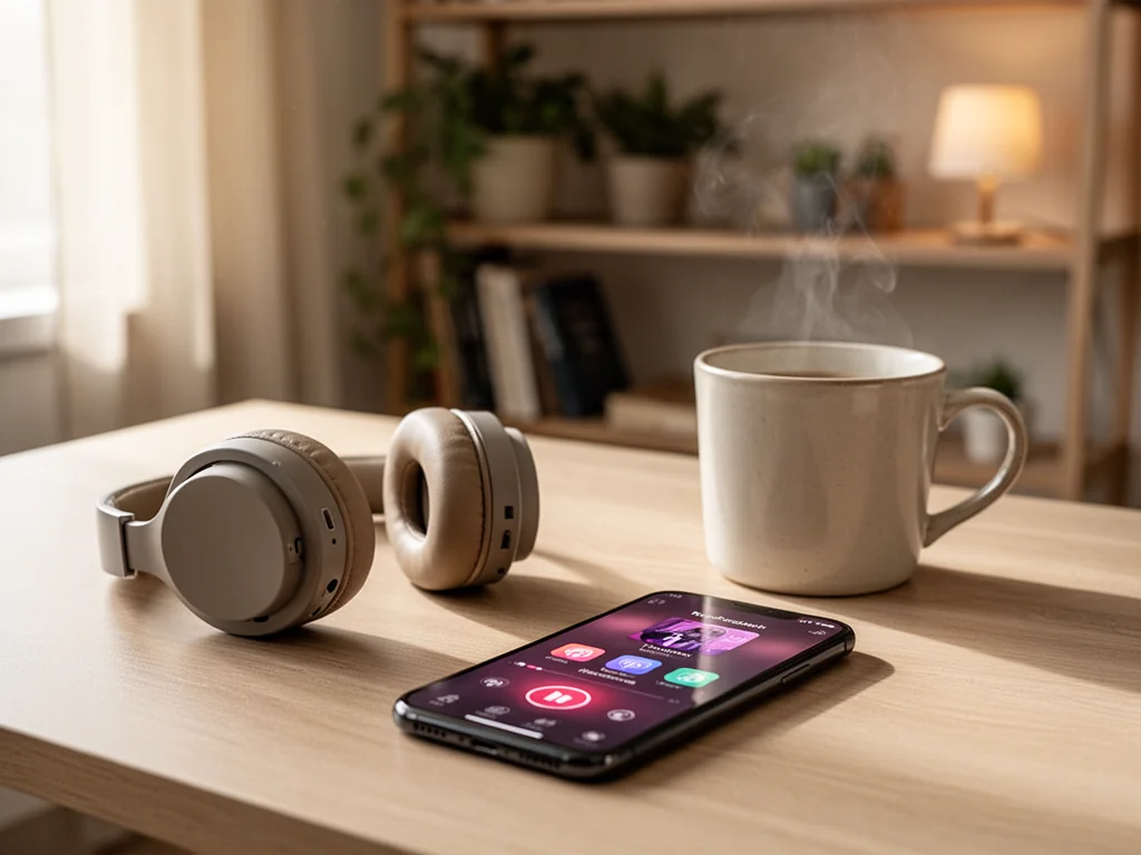 Smartfon z włączoną aplikacją podcastu, słuchawki i kubek z parującym napojem na biurku w przytulnym, domowym wnętrzu