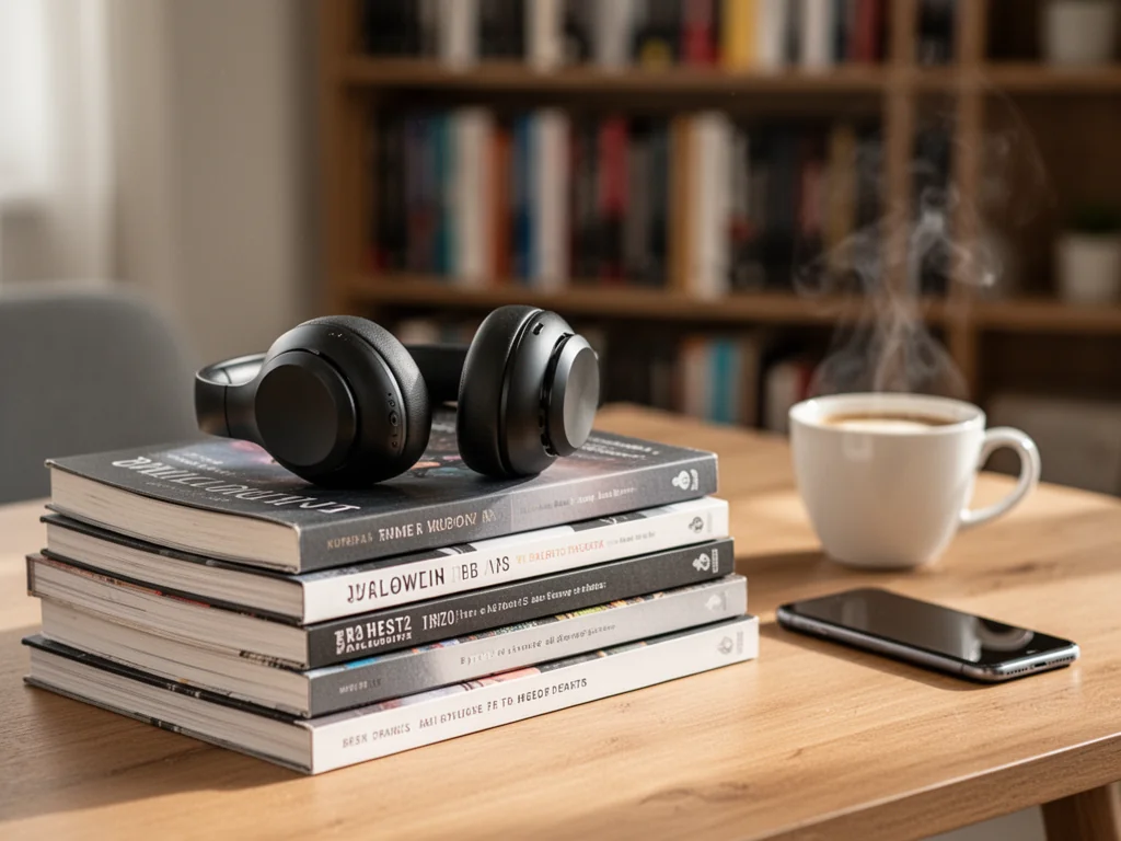 Bezprzewodowe słuchawki na stosie audiobooków Leszka Filipowicza na drewnianym stole, w ciepłym, przytulnym wnętrzu.