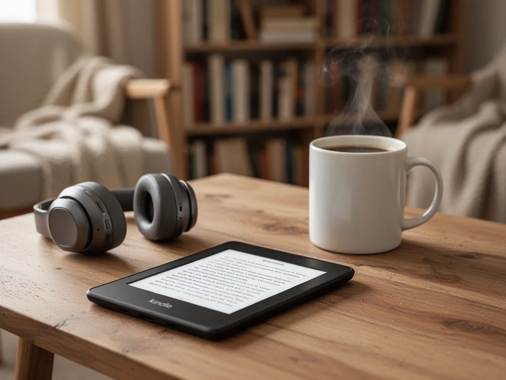 Czytnik Kindle z słuchawkami i kubkiem kawy na stole, podkreślający słuchanie audiobooków w domowej, przytulnej atmosferze.