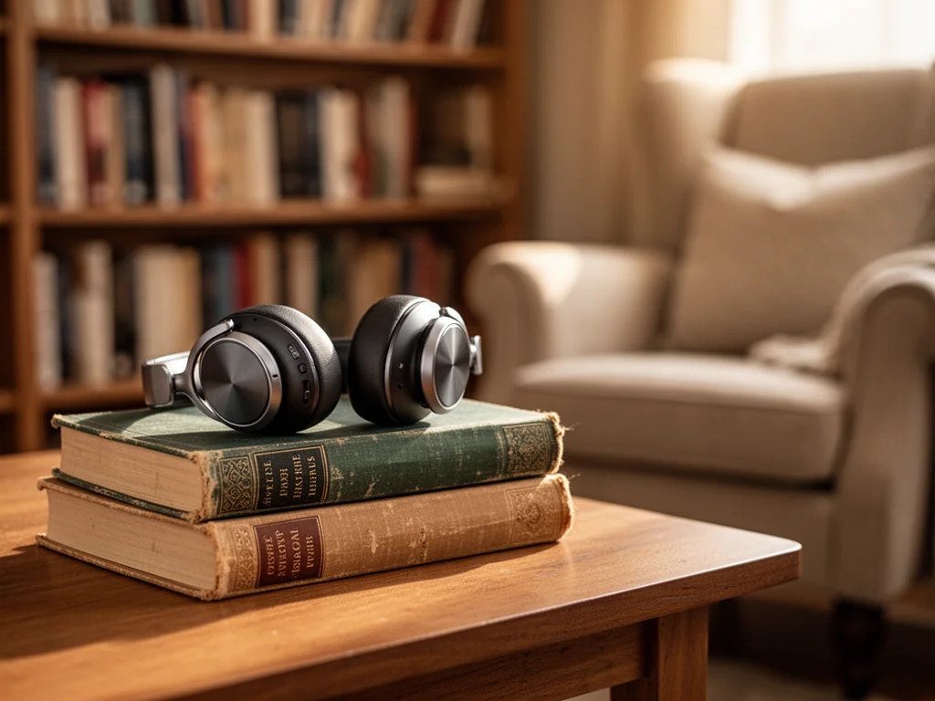Nowoczesne słuchawki na stosie klasycznych książek, przytulny kącik do słuchania audiobooków i opowieści.