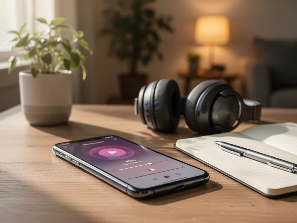 Smartfon z odtwarzaczem podcastów, słuchawki i notes na biurku w przytulnym wnętrzu, zachęcające do rozwoju osobistego.