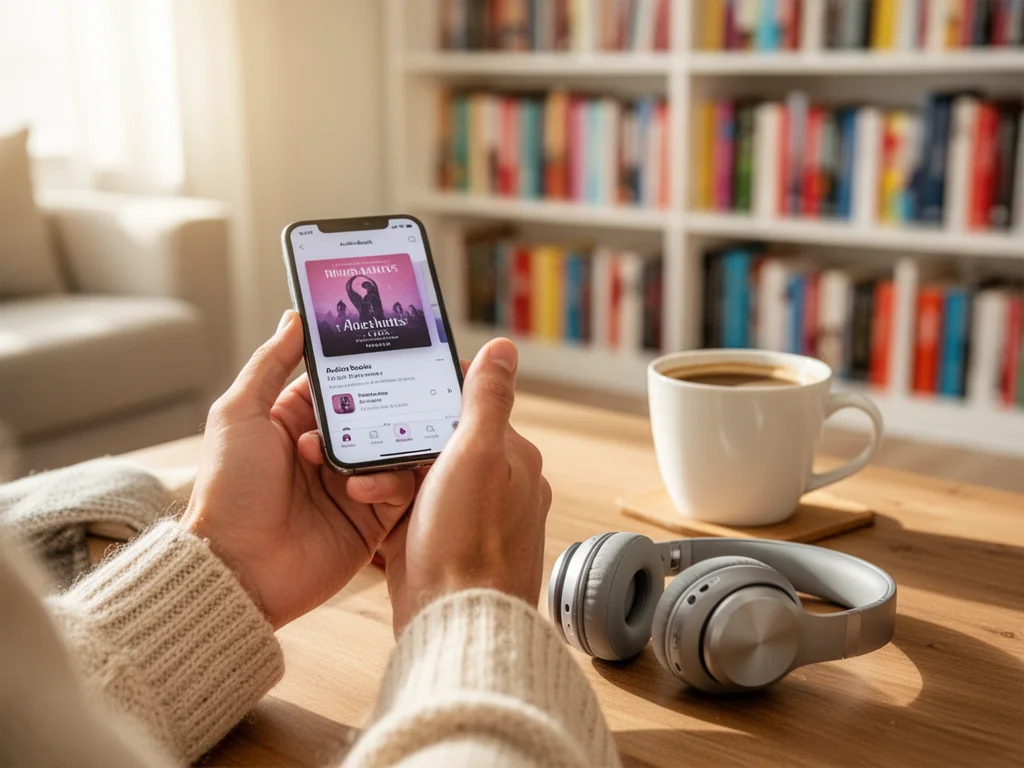 Osoba trzyma smartfon z aplikacją audiobooków obok słuchawek i kawy, na tle regału z książkami w przytulnym salonie.
