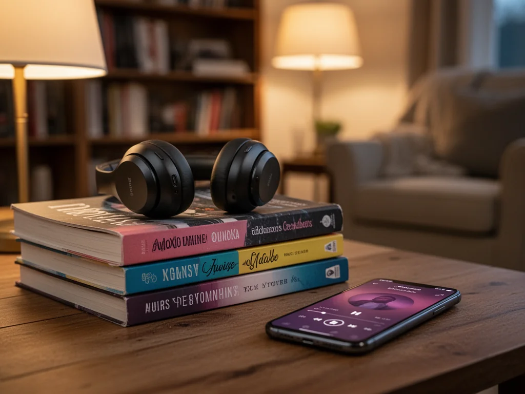 Bezprzewodowe słuchawki na stosie kolorowych audiobooków i smartfon z zatrzymanym odtwarzaczem w przytulnym, wieczornym wnętrzu
