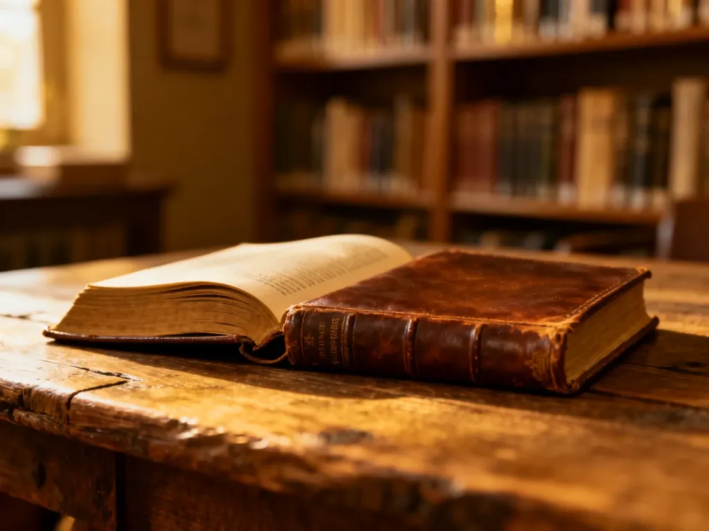 Otwarta, oprawiona w skórę książka na drewnianym stole w przytulnej bibliotece, nawiązująca do klimatu sagi Diany Gabaldon.