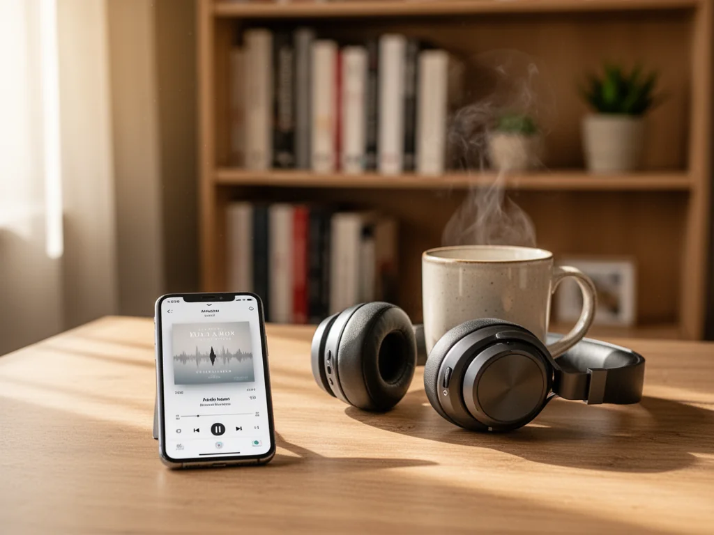 Smartfon z aplikacją audiobooków, słuchawki i kubek na biurku, w tle regał z książkami, przytulna atmosfera słuchania Audible