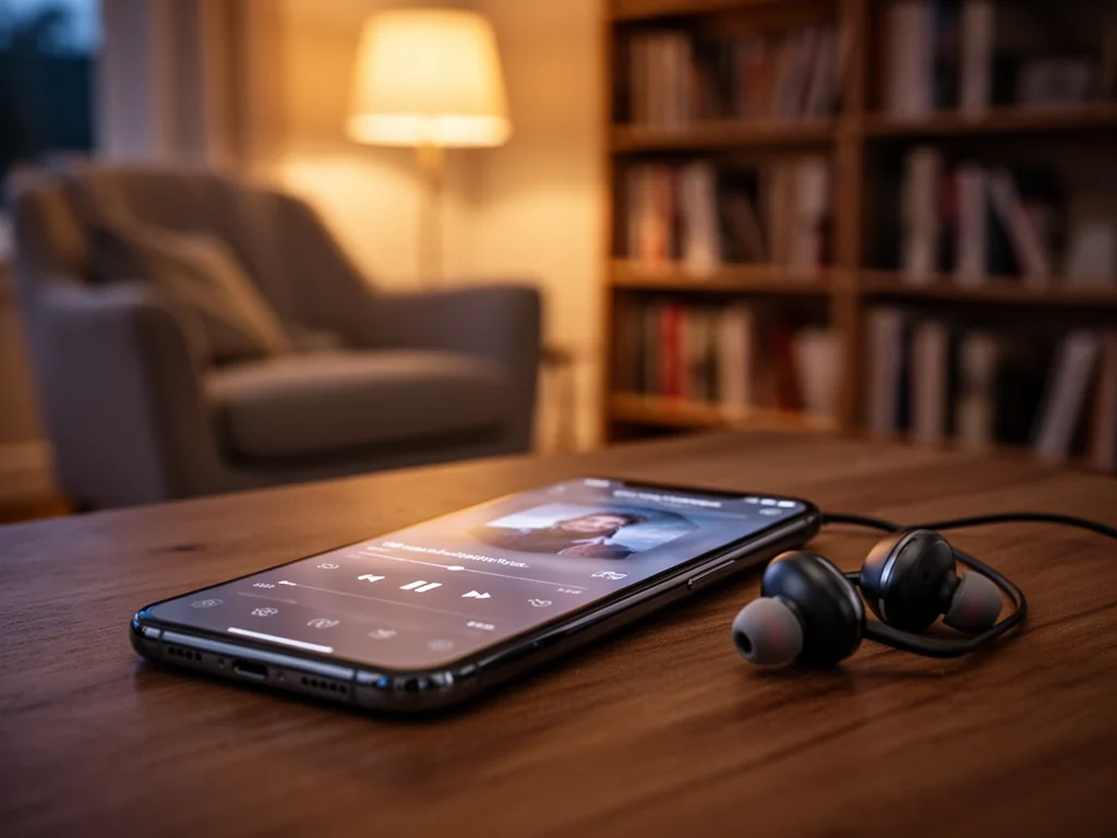Smartfon z włączonym odtwarzaczem audio i słuchawkami bezprzewodowymi na stole w przytulnym, ciepło oświetlonym salonie