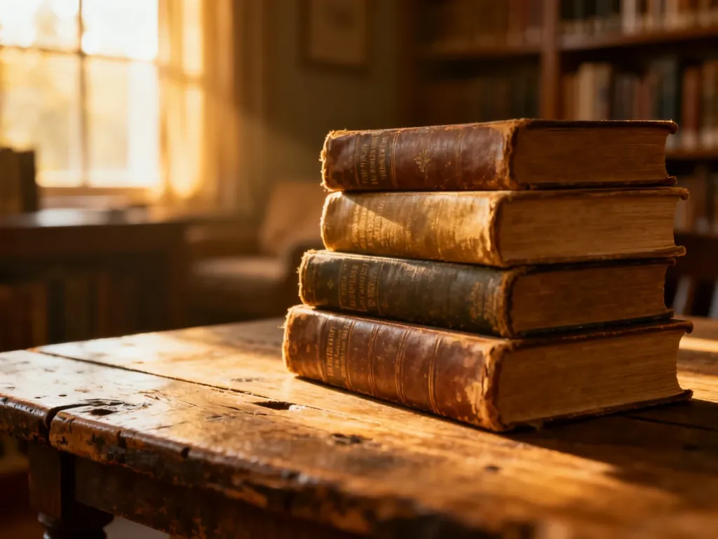 Stos starych książek w oprawach na drewnianym stole w przytulnej bibliotece, tworzący nastrojowy klimat do czytania.