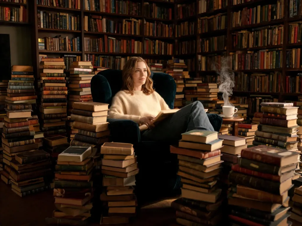 Kobieta siedząca w przytulnej biblioteczce wśród stosów książek, ilustrująca zjawisko tsundoku i pasję do czytania.