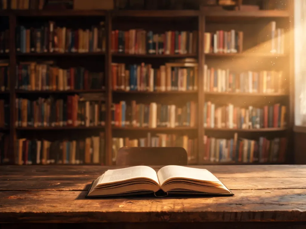 Przytulny kącik do czytania z otwartą książką na drewnianym stole na tle regałów wypełnionych literaturą.