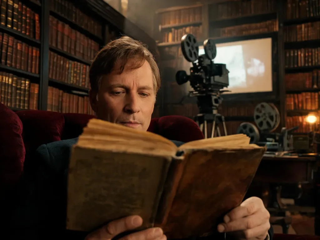 Mężczyzna czytający klasyczną książkę w bibliotece na tle sprzętu filmowego, symbolizujący proces adaptacji literatury na ekran.