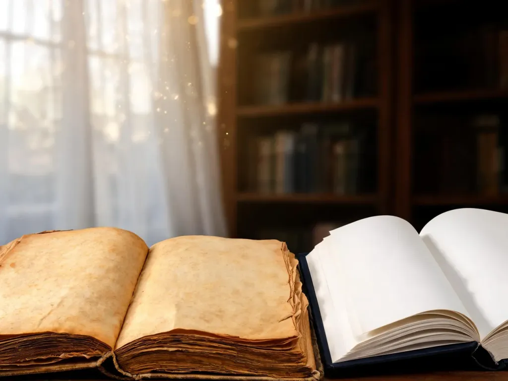Otwarte stare książki z pożółkłymi stronami obok nowej publikacji w ciepłym świetle biblioteki.