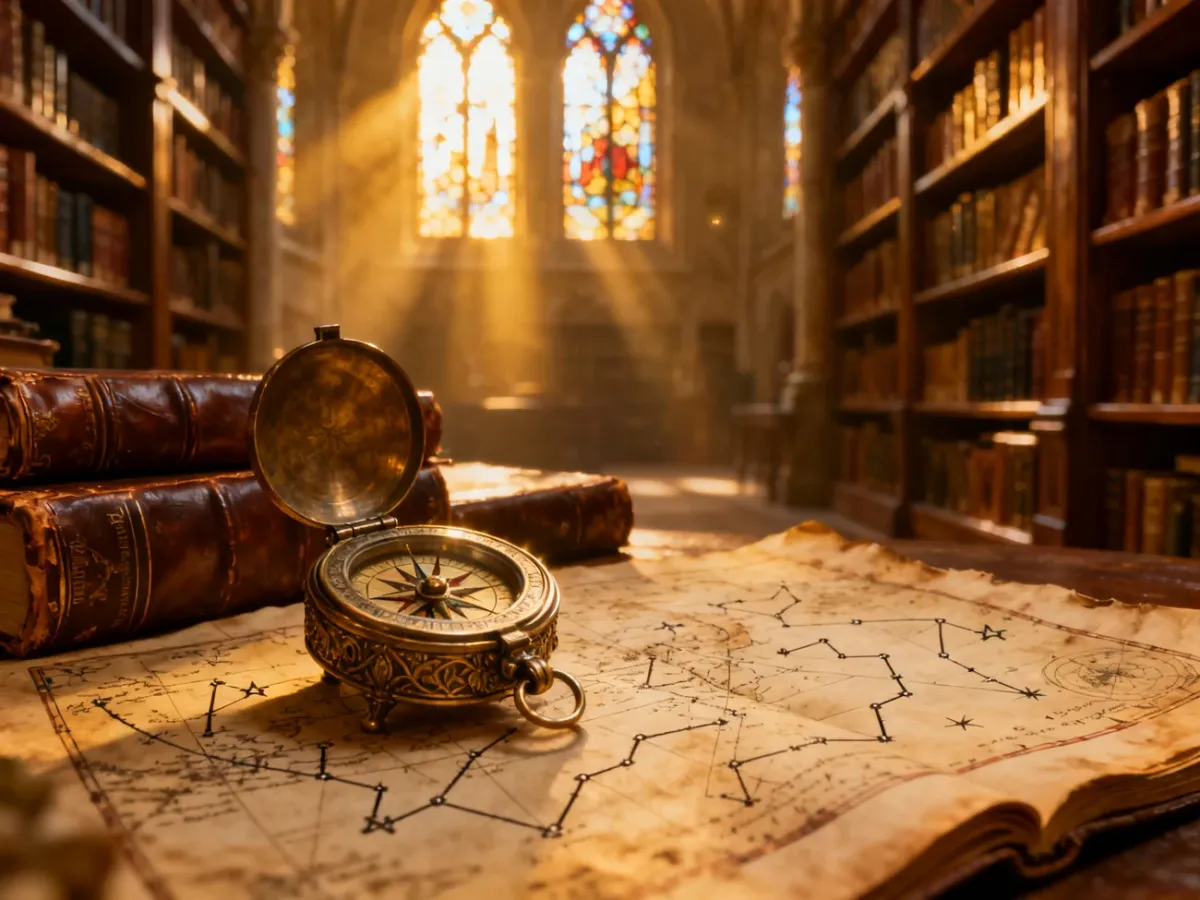 Mistyczna biblioteka z kompasem i mapą, wprowadzająca w magiczny świat literatury fantasy Brandona Sandersona.
