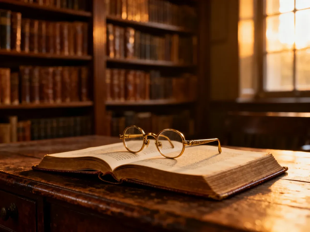 Otwarta zabytkowa książka z okularami na drewnianym biurku w przytulnej bibliotece, zachęcająca do lektury klasyki.